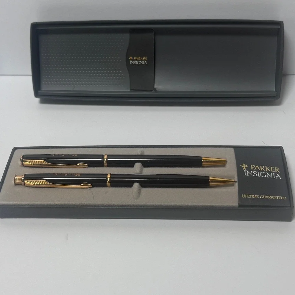 Parker Insignia Black Gold Trim Pen and Pencil Set Hardees Logo Vintage USA Made